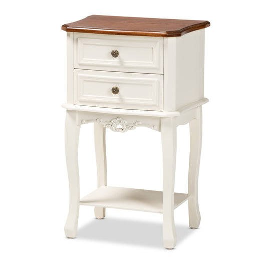 Darla End Table Classic French Design in White and Cherry Brown Finished Wood with 2 Storage Drawers