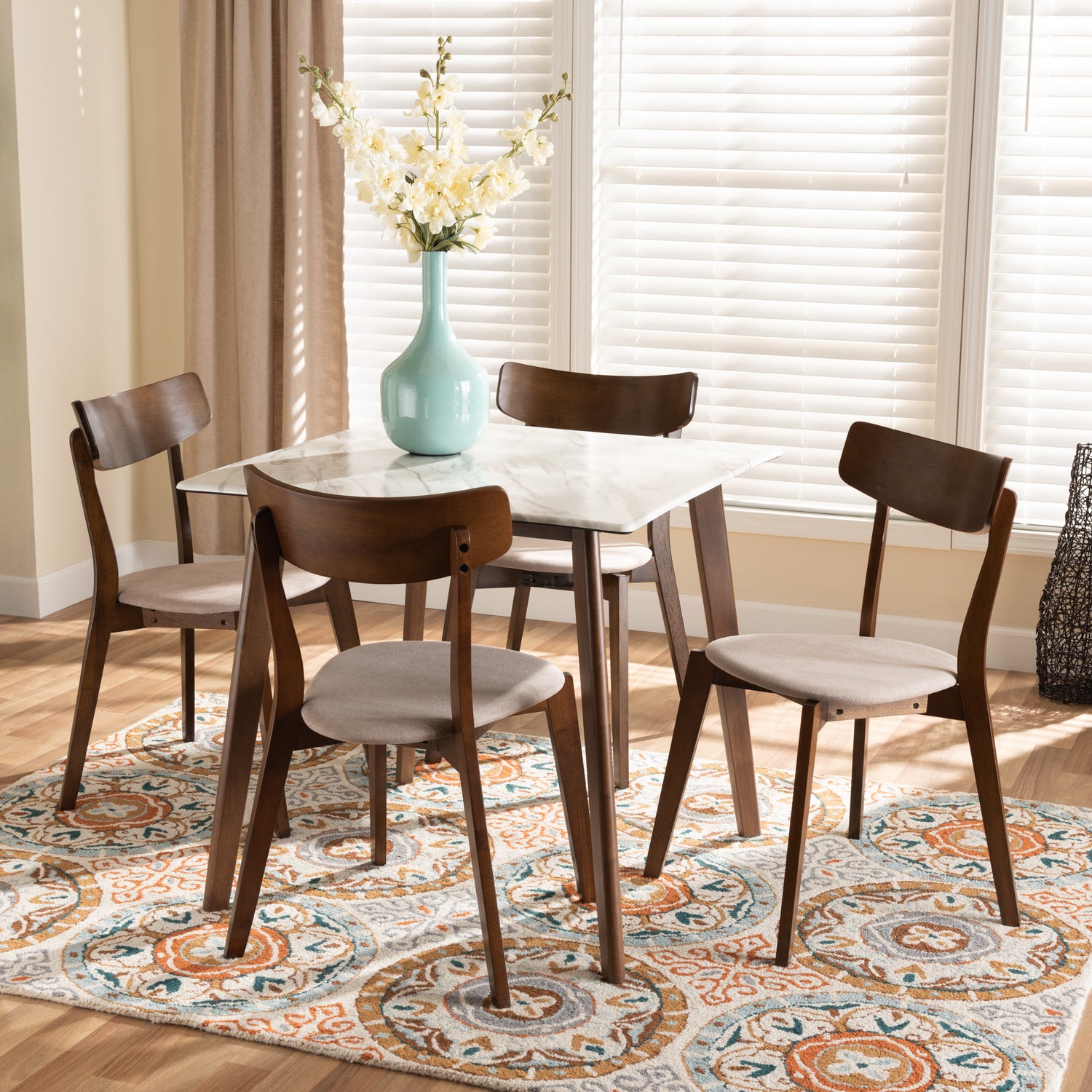 Reba Dining Set Mid-Century Modern Light Beige Fabric Upholstered Walnut Brown Finished Wood 5-Piece with Faux Marble Table