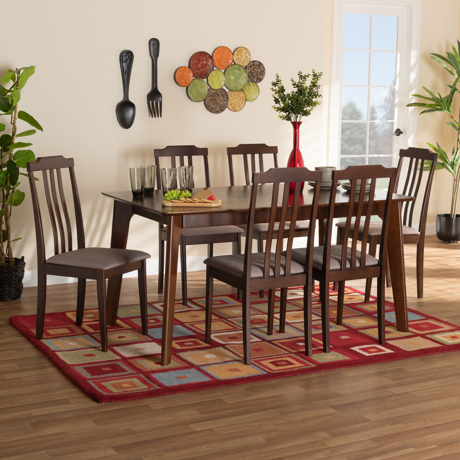 Clarissa Dining Set Mid-Century Modern 7-Piece Collection in Warm Grey Fabric and Dark Brown Wood Finish