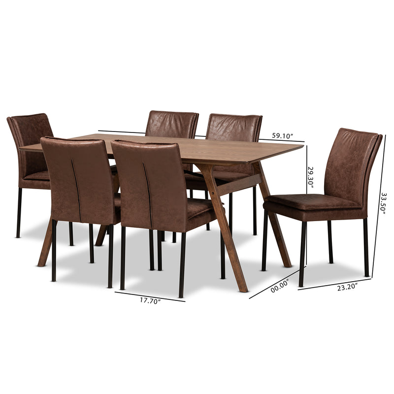 Gerard 7-Piece Dining Set: Modern Design with Distressed Brown Fabric, Black Metal Finish, and Walnut Brown Wood