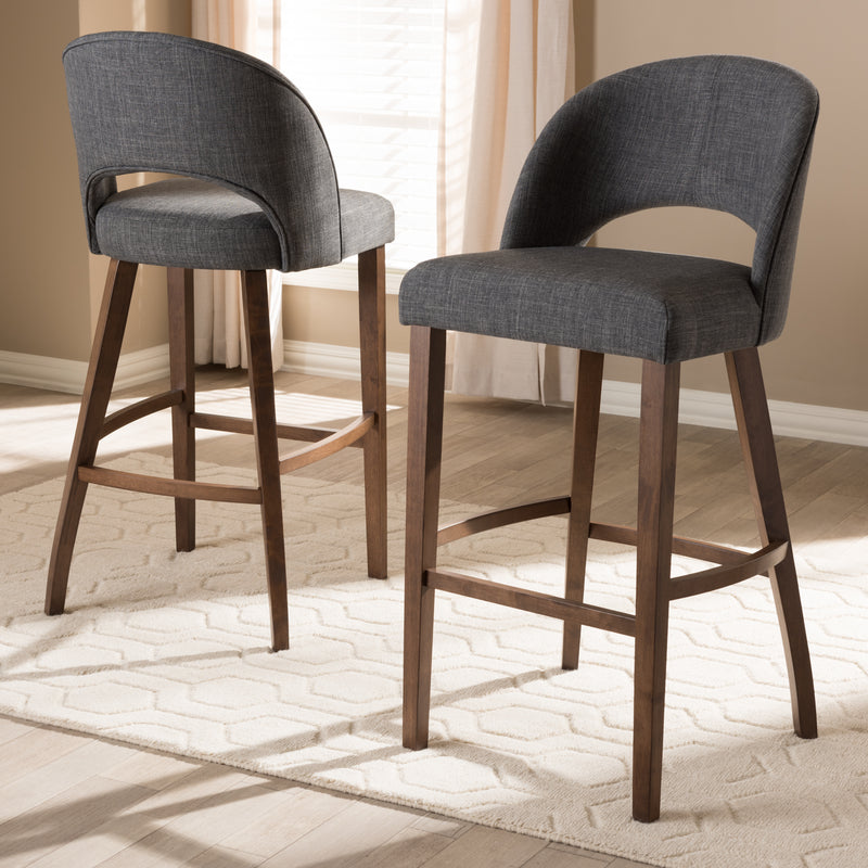 Melrose Bar Stool Mid-Century Modern Dark Grey Fabric Upholstered Walnut Finished Wood (Set of 2)