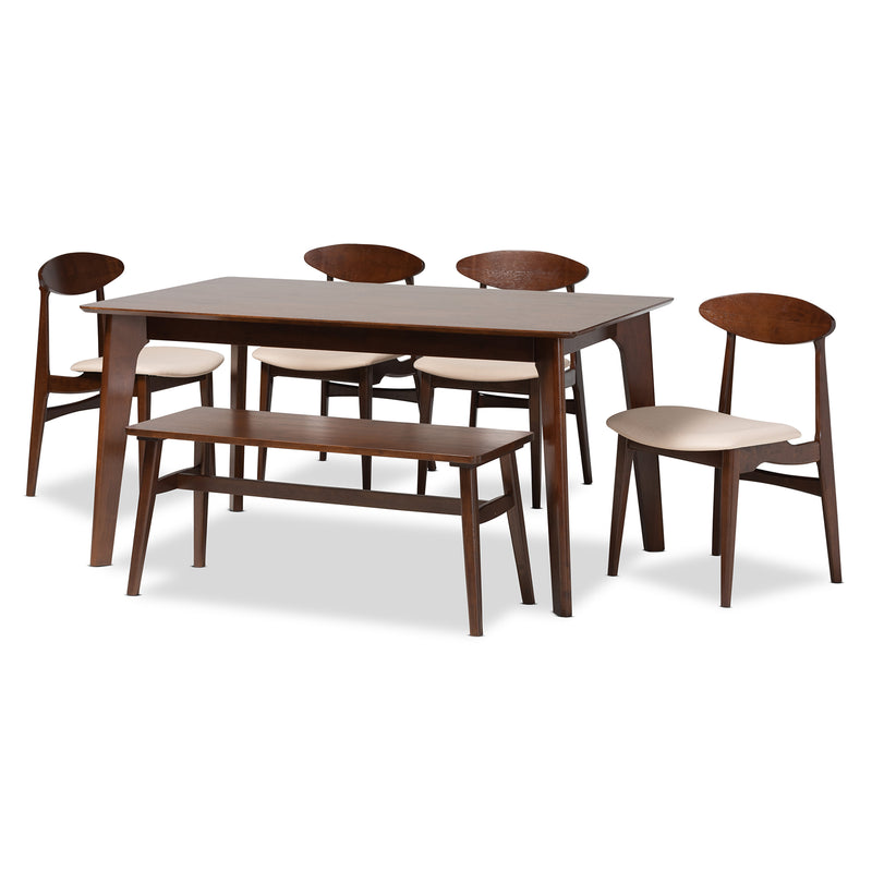 Daria Dining Set Mid-Century Modern 6-Piece Cream Fabric and Dark Brown Wood Collection for Stylish Dining Rooms