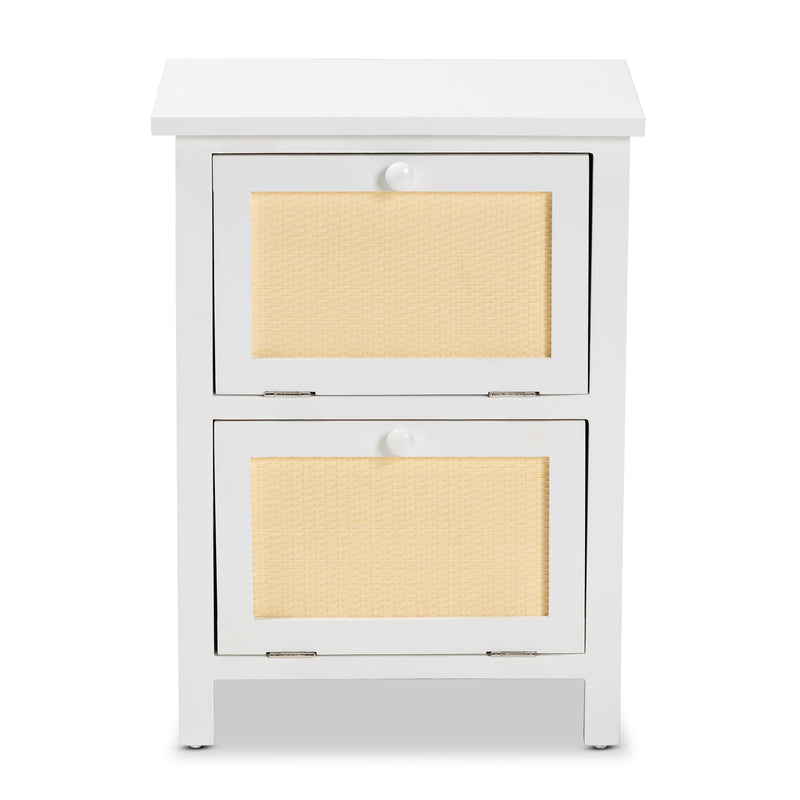 Sariah End Table - Mid-Century Modern Design with White Wood and Rattan, 2-Door Storage for Living Room or Bedroom