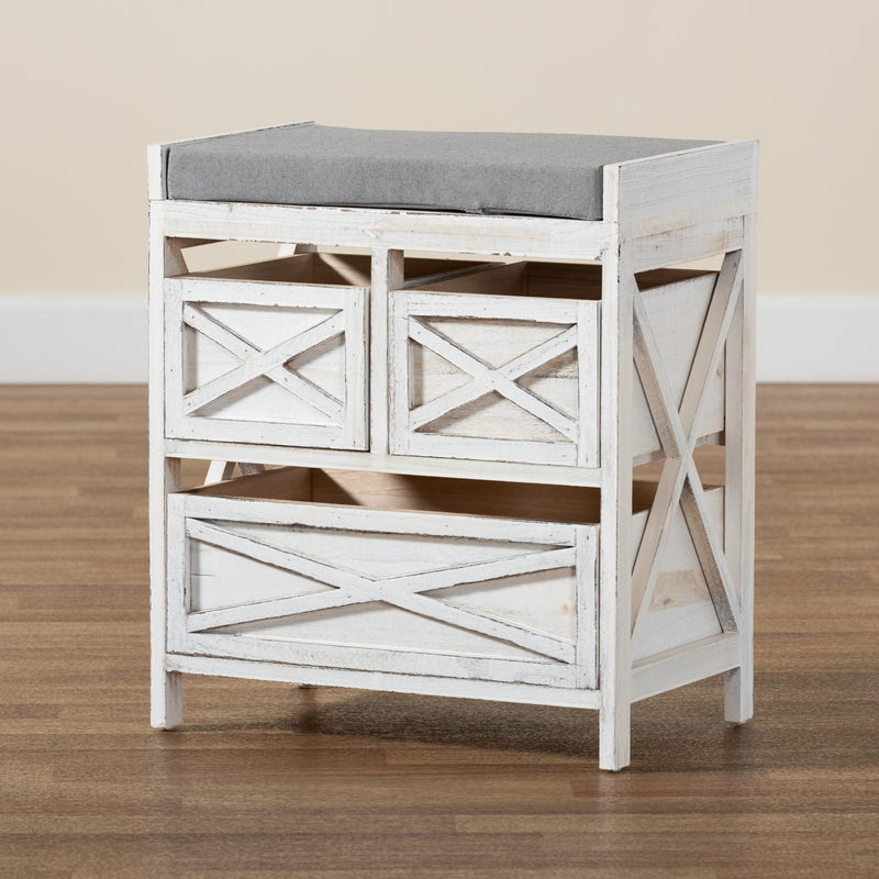 Parra Storage Bench Modern Farmhouse Style Grey Fabric Upholstery Whitewashed Wood 3 Drawers for Organized Storage