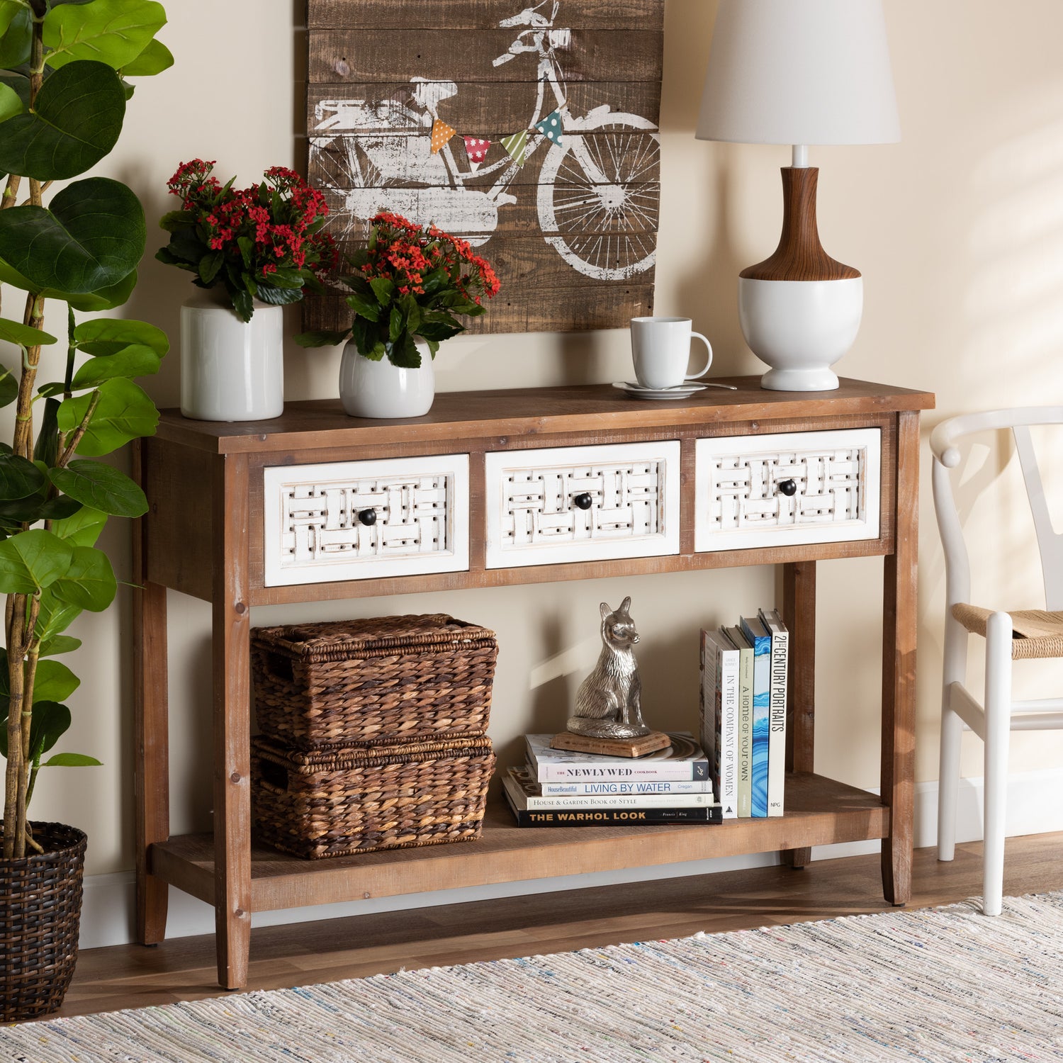 Bonilla Console Table - Rustic Two-Tone Design in White and Walnut Brown with 3 Drawers for Storage and Style