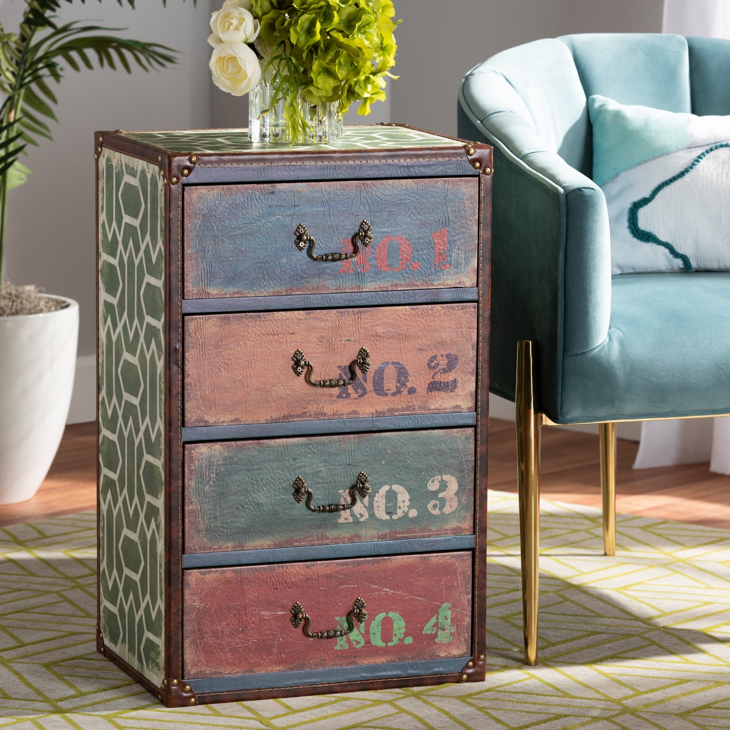 Amandine Accent Storage Cabinet Vintage Rustic French Inspired Multicolor Wood with 4 Drawers for Stylish Organization and Decor