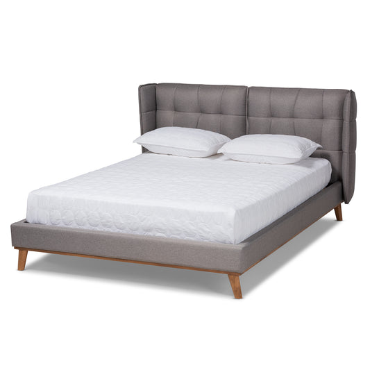 Gretchen Platform Bed - Modern and Contemporary Grey Fabric Upholstered with Walnut Brown Finished Wood