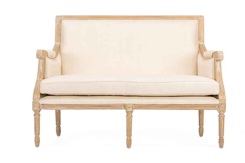 Chavanon Traditional French Loveseat in Wood and Light Beige Linen for Elegant Living Room Seating