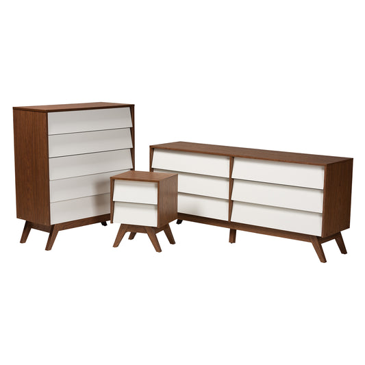 Hildon Mid-Century Modern 3-Piece Storage Set in Two-Tone White and Walnut Finished Wood for Stylish Organization and Décor