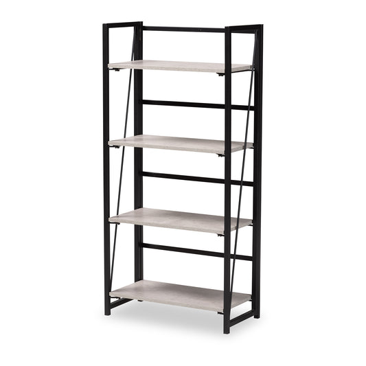 Lakota 4-Tier Display Shelf in Light Grey Wood and Black Metal - Modern Industrial Storage Unit for Home or Office Decor