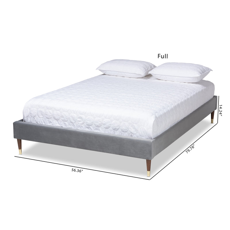 Volden Bed Frame - Glam and Luxe Charcoal Velvet Fabric Upholstered Wood Platform with Gold-Tone Leg Tips