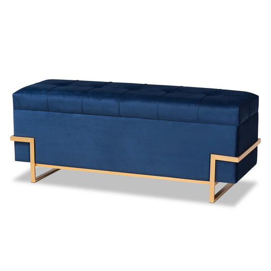 Parker Glam Luxe Storage Ottoman Navy Blue Velvet Gold Metal Finish for Stylish Home Organization