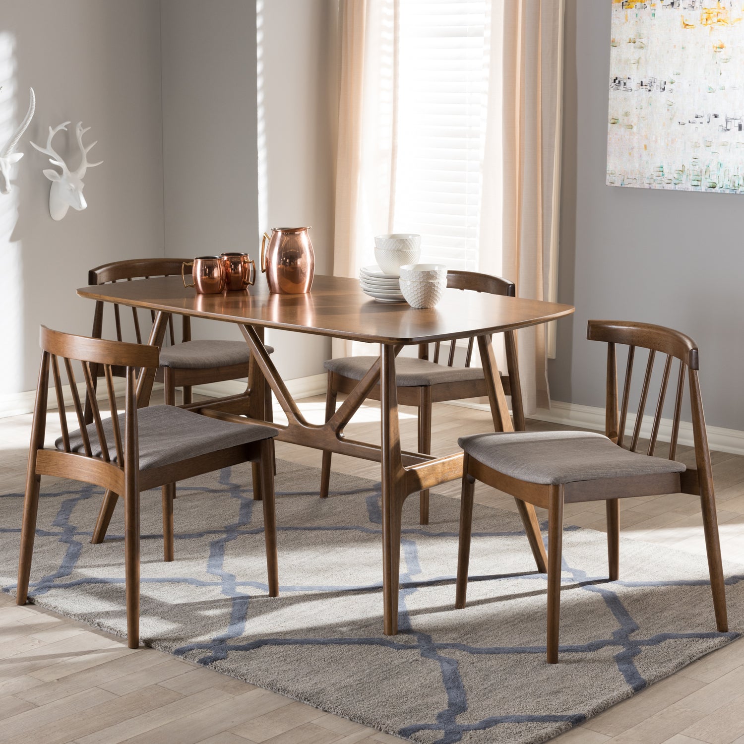 Wyatt Mid-Century Modern Dining Set 5-Piece Walnut Wood Furniture for Elegant Dining Rooms