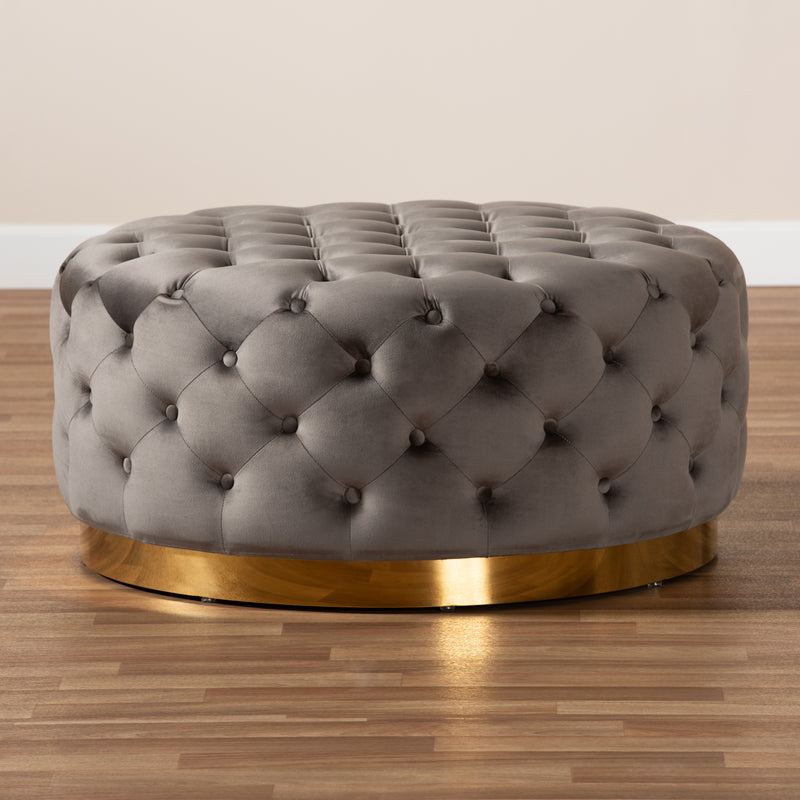 Sasha Glam Ottoman Grey Velvet Fabric Upholstered Gold Finished Round Cocktail