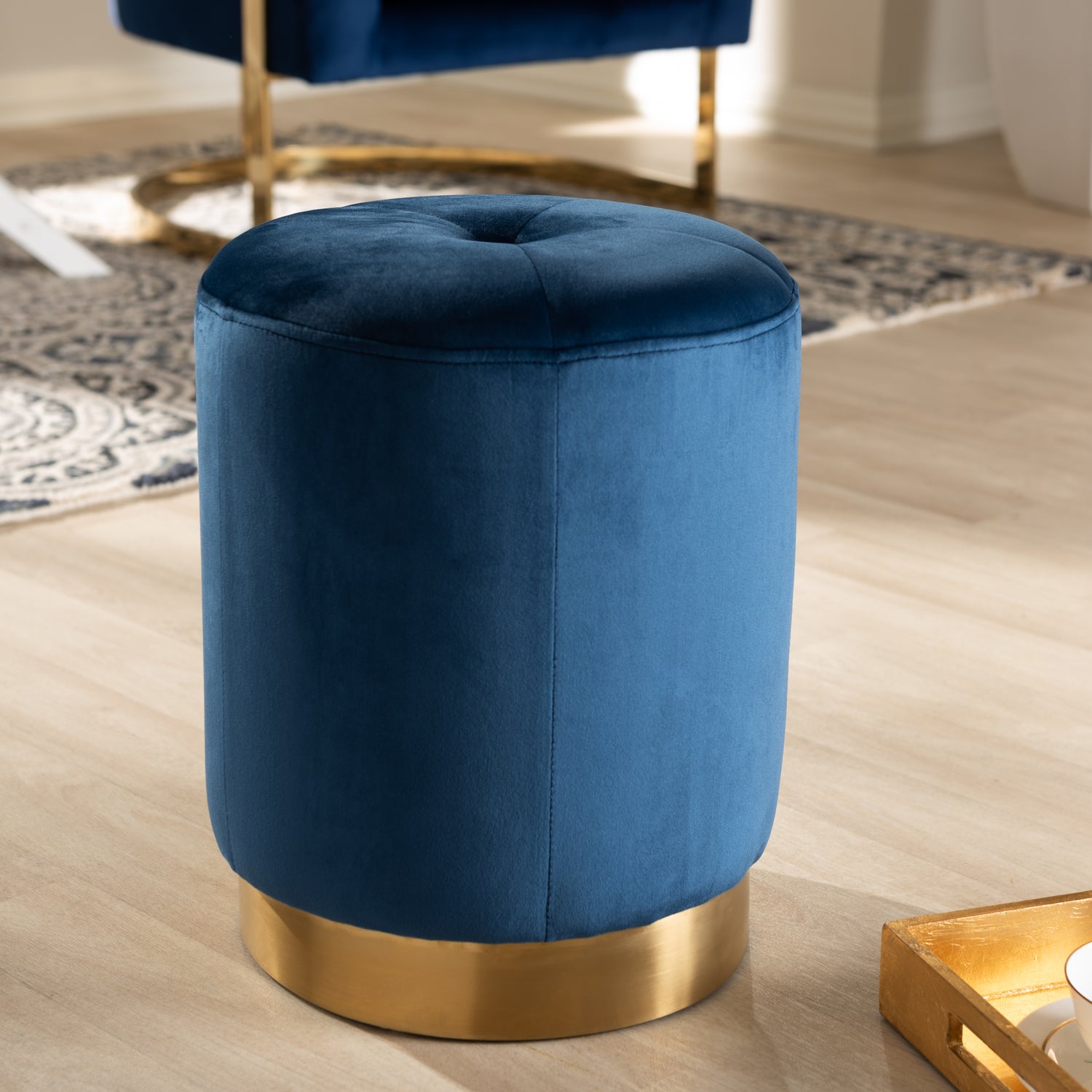 Alonza Glam Ottoman Navy Blue Velvet Upholstered with Gold-Finished Legs Stylish Accent Furniture for Living Room or Bedroom