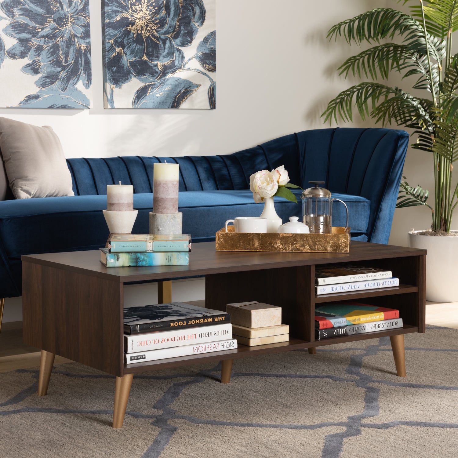 Landen Coffee Table Mid-Century Modern Walnut Brown with Gold Finished Wood Accents