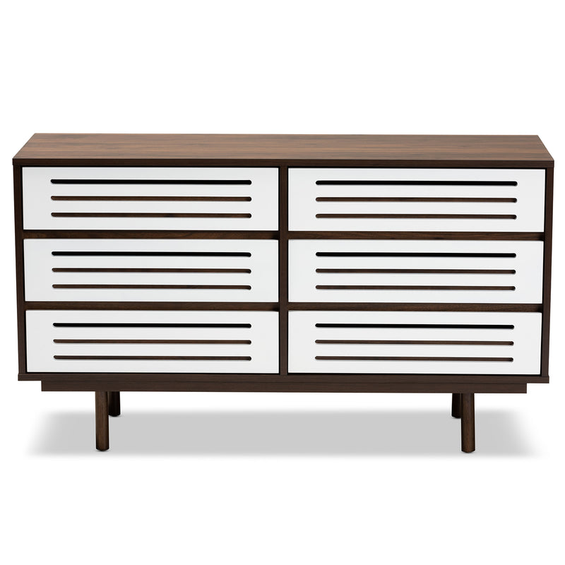 Meike Mid-Century Modern Dresser Two-Tone Walnut Brown and White 6-Drawer Storage Chest for Bedroom or Living Room