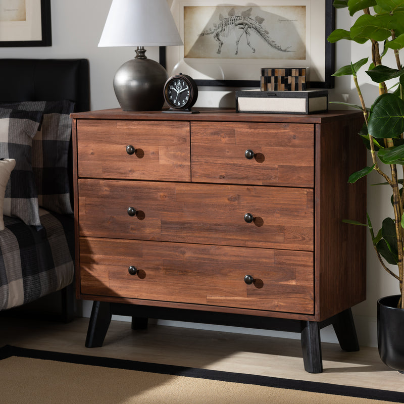 Calla 4-Drawer Wood Dresser in Modern Brown and Black Oak Finish, Stylish Storage for Bedroom or Living Room