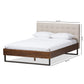 Mitchell Platform Bed - Rustic Industrial Walnut Wood with Beige Fabric and Dark Bronze Metal