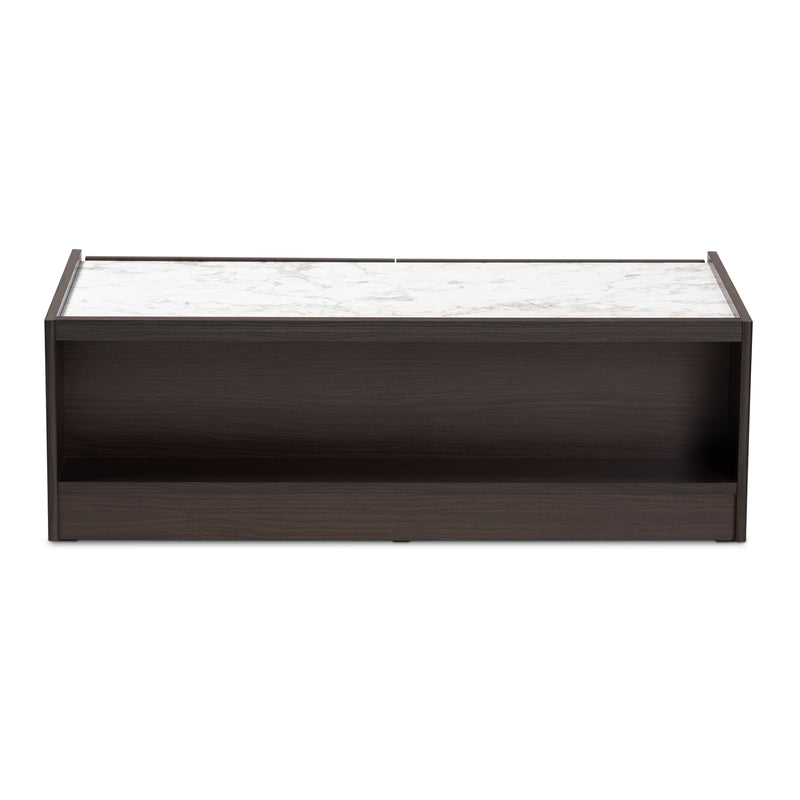 Walker Modern Coffee Table with Dark Brown and Gold Finished Wood and Faux Marble Top