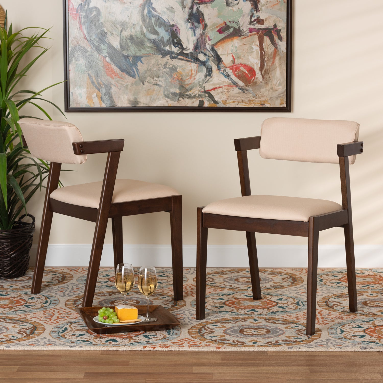 Althea Dining Chair Set Mid-Century Modern Transitional Cream Fabric and Dark Brown Finished Wood 2-Piece