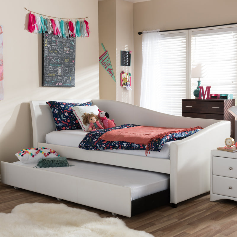 Vera Modern Twin Daybed White Faux Leather Upholstered Curved Sofa with Roll-Out Trundle for Guest Bed Accommodation