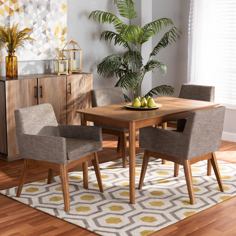 Dorina Dining Set Mid-Century Modern Dark Grey Fabric Upholstered Walnut Brown Finished Wood 5-Piece