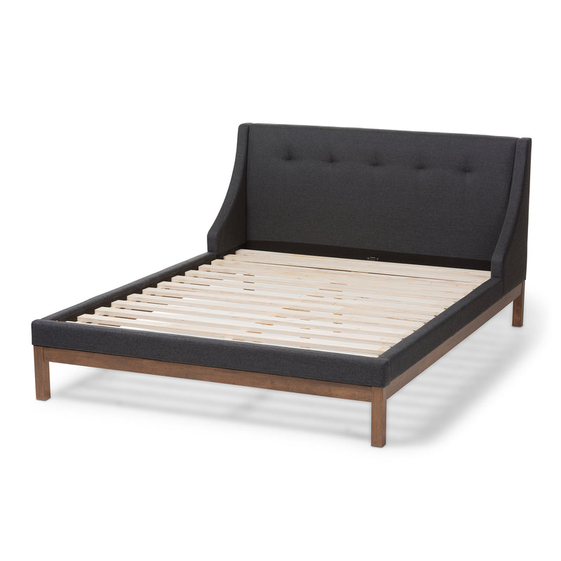 Louvain Platform Bed - Modern and Contemporary Dark Grey Fabric Upholstered with Walnut Finish