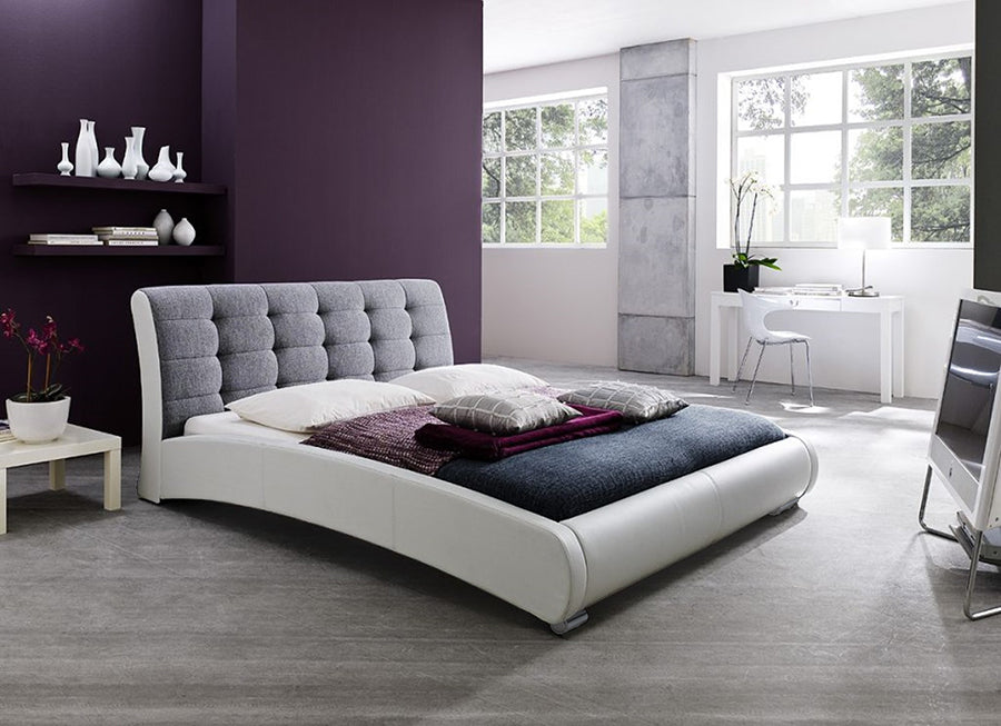 Guerin Queen-Size Platform Bed Contemporary Two-Tone Upholstered Grid Tufted Design in White Faux Leather and Grey Fabric