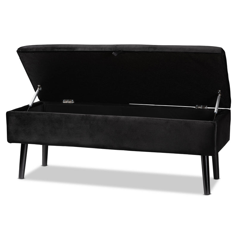 Caine Storage Bench Modern and Contemporary Black Velvet Fabric Upholstered with Dark Brown Finished Wood