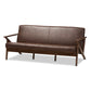 Bianca Sofa Mid-Century Modern Walnut Wood Dark Brown Distressed Faux Leather 3-Seater