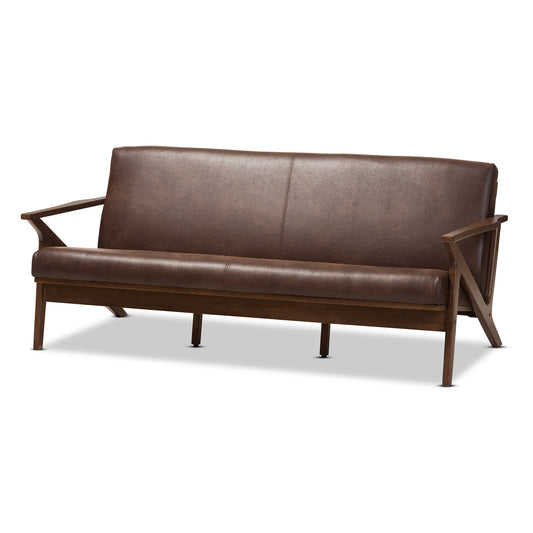 Bianca Sofa Mid-Century Modern Walnut Wood Dark Brown Distressed Faux Leather 3-Seater