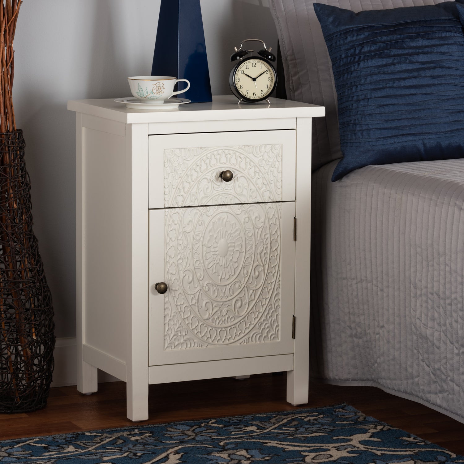 Lambert Classic Traditional End Table White Finished Wood with 1 Drawer for Living Room or Bedroom Storage