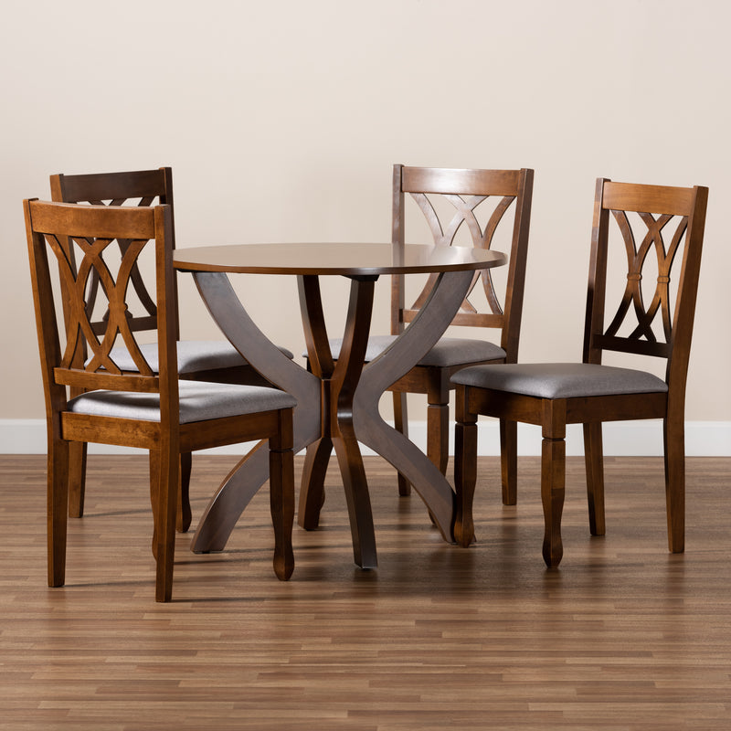 April 5-Piece Dining Set in Modern Style with Grey Fabric Upholstery and Walnut Brown Finished Wood