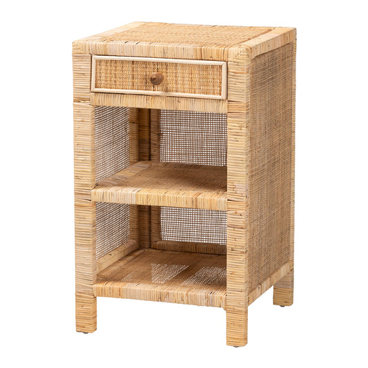 Bella Nightstand - Modern Bohemian Design in Natural Brown Mahogany with Rattan Drawer