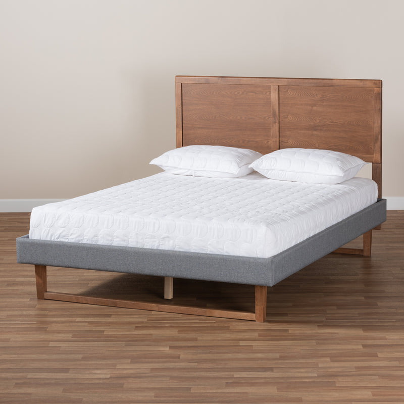 Allegra Platform Bed - Mid-Century Modern Dark Grey Fabric Upholstered with Ash Walnut Brown Finish