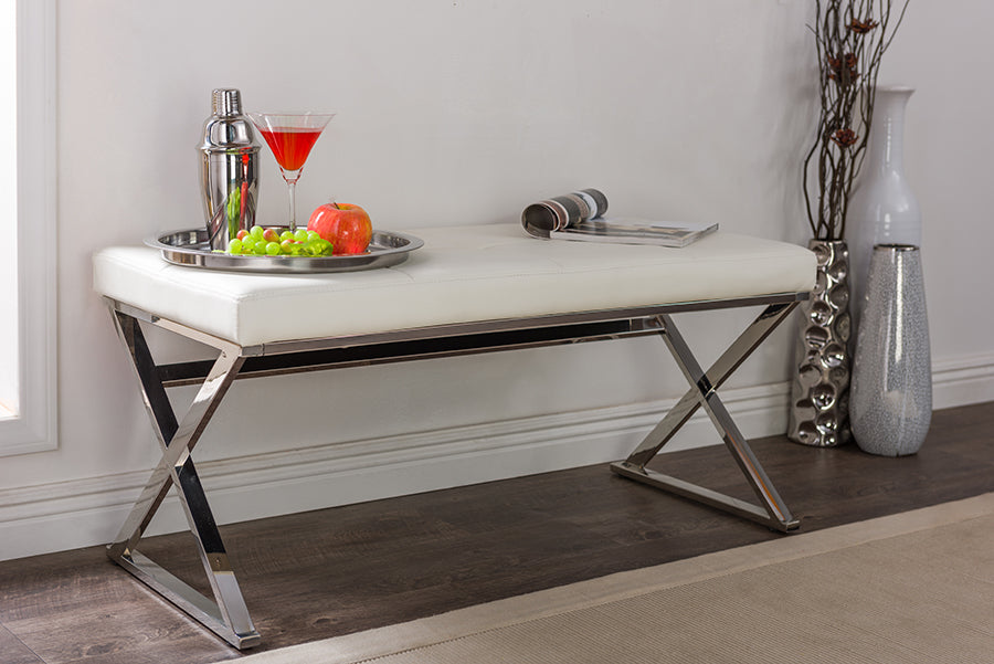 Herald Modern Rectangle Bench in Stainless Steel and White Faux Leather for Contemporary Living Spaces