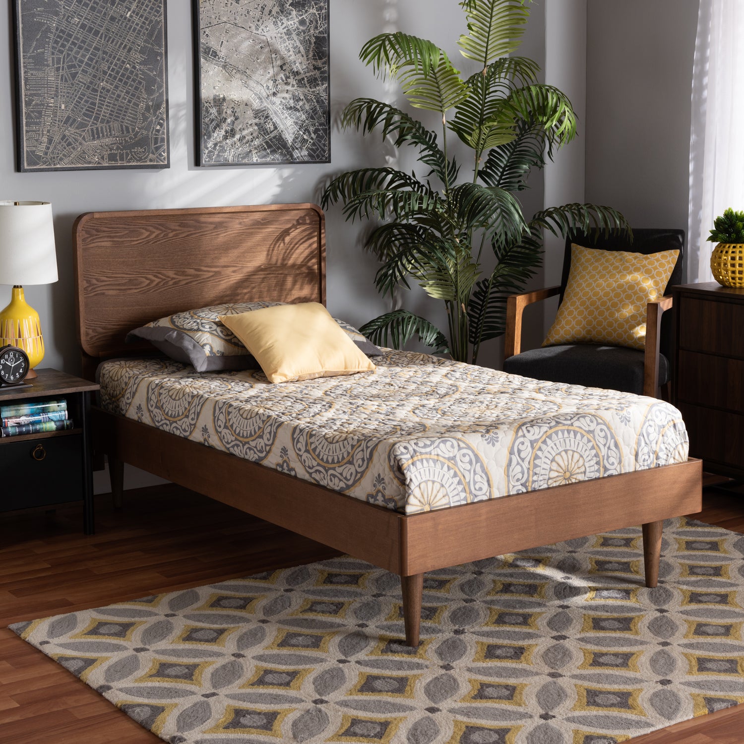 Gisa Twin Size Platform Bed - Mid-Century Modern Design in Walnut Brown Finished Wood for Stylish Bedroom Decor