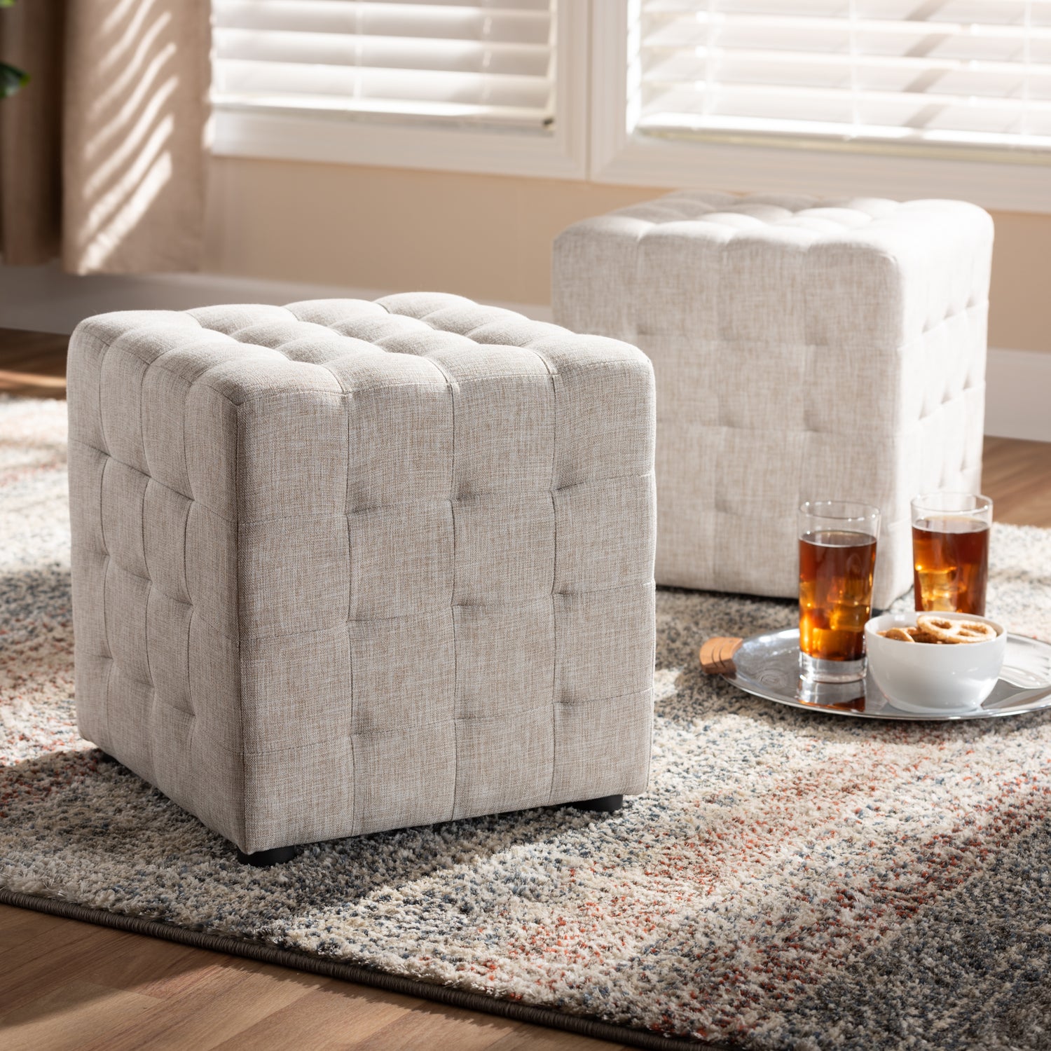 Elladio Ottoman Set of 2 Modern Contemporary Beige Fabric Upholstered Tufted