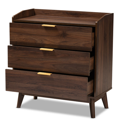 Lena Mid-Century Modern Chest - Walnut Brown 3-Drawer Wood Storage Unit for Bedroom or Living Room