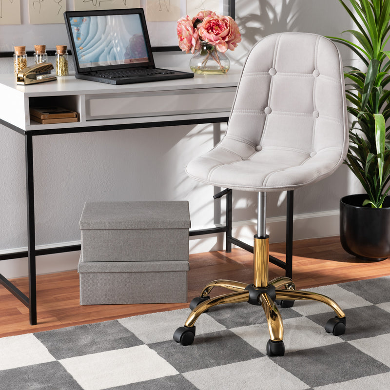 Kabira Office Chair Contemporary Glam and Luxe Grey Velvet Fabric with Gold Metal Swivel