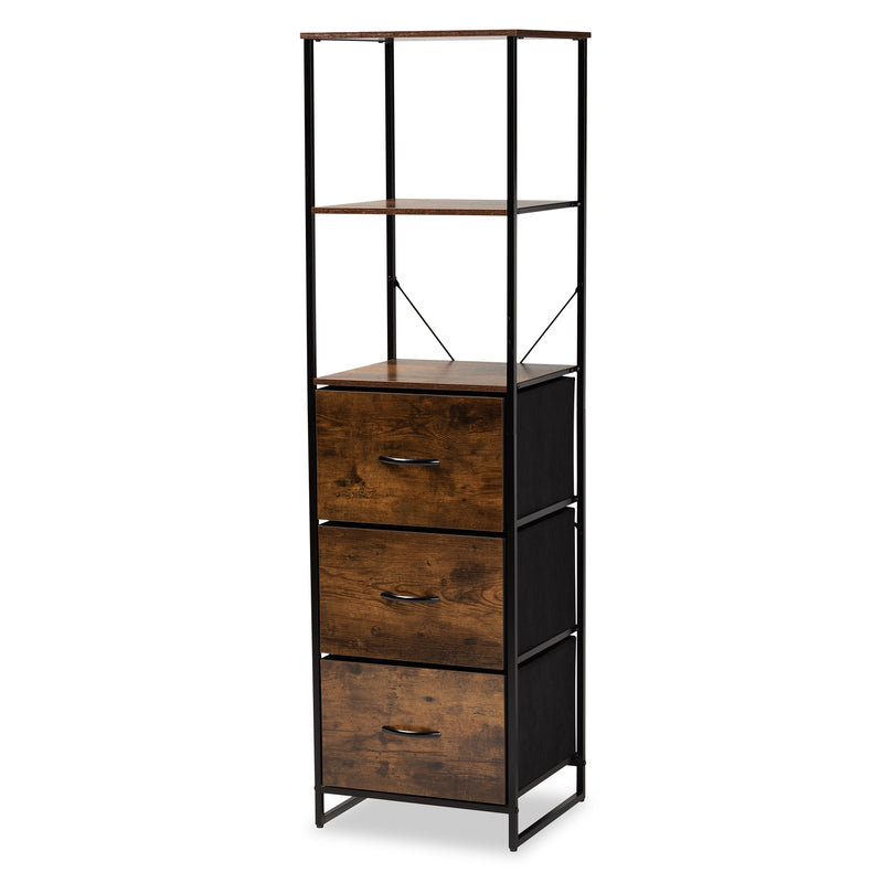 Hakan Modern Industrial 3-Drawer Storage Cabinet in Walnut Brown Wood and Black Metal for Stylish Organization