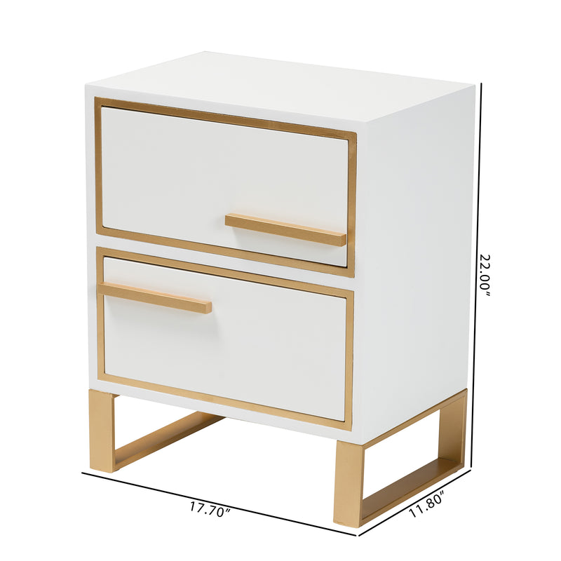 Giolla End Table Contemporary Glam and Luxe White Finished Wood and Gold Metal 2-Drawer