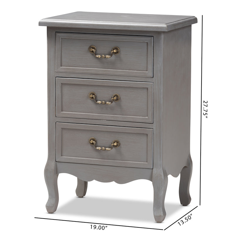 Capucine End Table Antique French Country Cottage Style Grey Finished Wood with 3 Storage Drawers