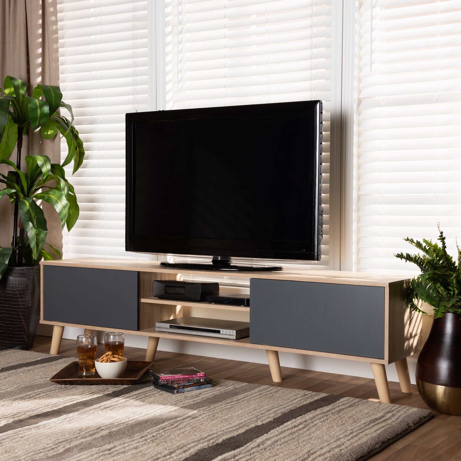 Clapton TV Stand Modern and Contemporary Two-Tone Grey and Oak Brown Finished Wood