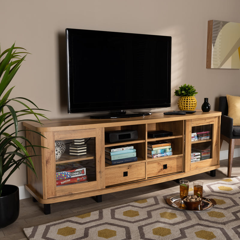 Walda TV Cabinet 70-Inch Greyish Dark Brown Wood with 2 Sliding Doors and 2 Drawers