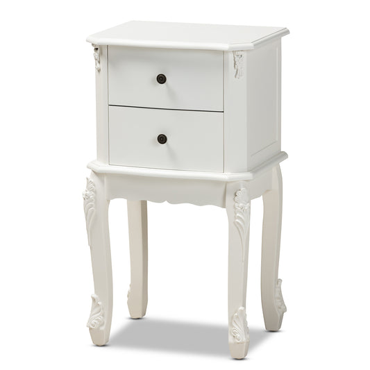 Sophia End Table Classic French Design with White Finished Wood and 2 Storage Drawers