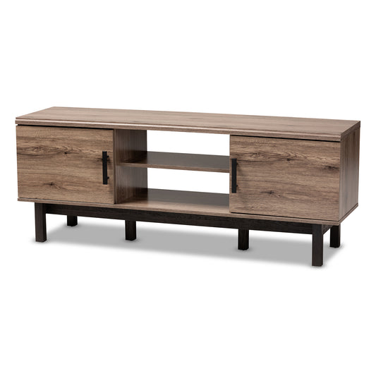 Arend TV Stand Modern Two-Tone Oak and Ebony Wood 2-Door Entertainment Center for Living Room Storage and Display