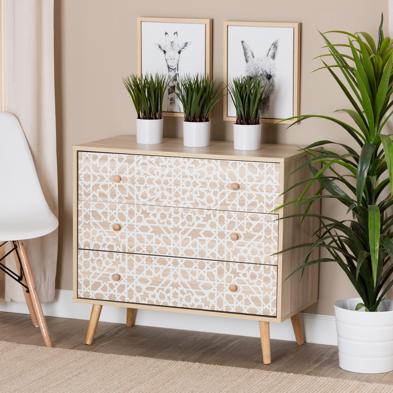 Beau Storage Cabinet Mid-Century Modern Design with Two-Tone White and Oak Brown Wood, Featuring 3 Drawers for Stylish Organization