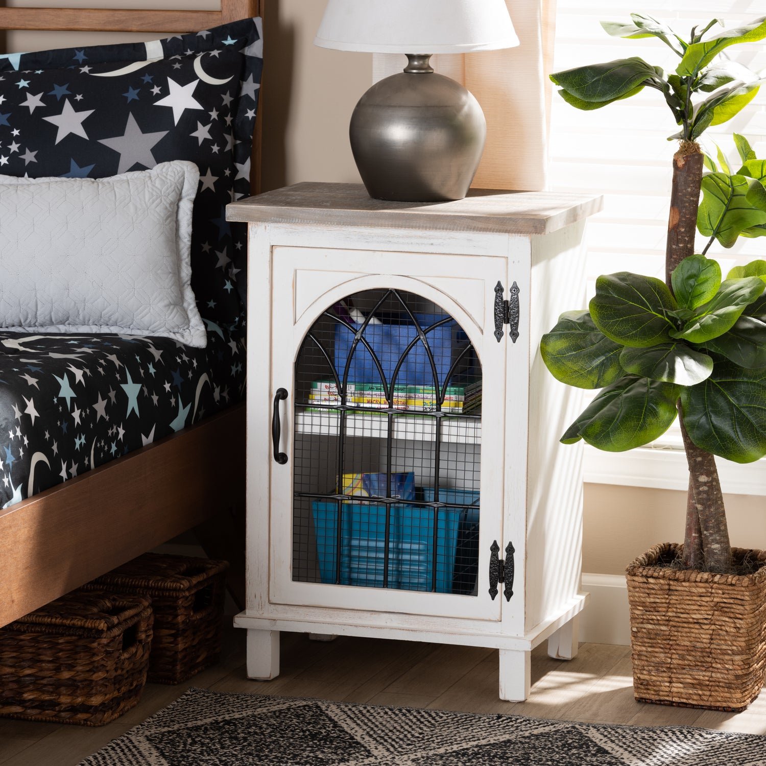 Faron End Table Classic Traditional Farmhouse Style Two-Tone Distressed White Oak Brown Finished Wood 1-Door Design for Living Room Bedroom Storage